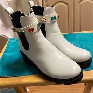 Women's White Ankle Boots with Gem Accents